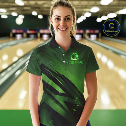 Custom Black and Green Flame Womens Bowling Shirts, Bowling Polo, 1/4 Zip Team Jerseys NQS11130