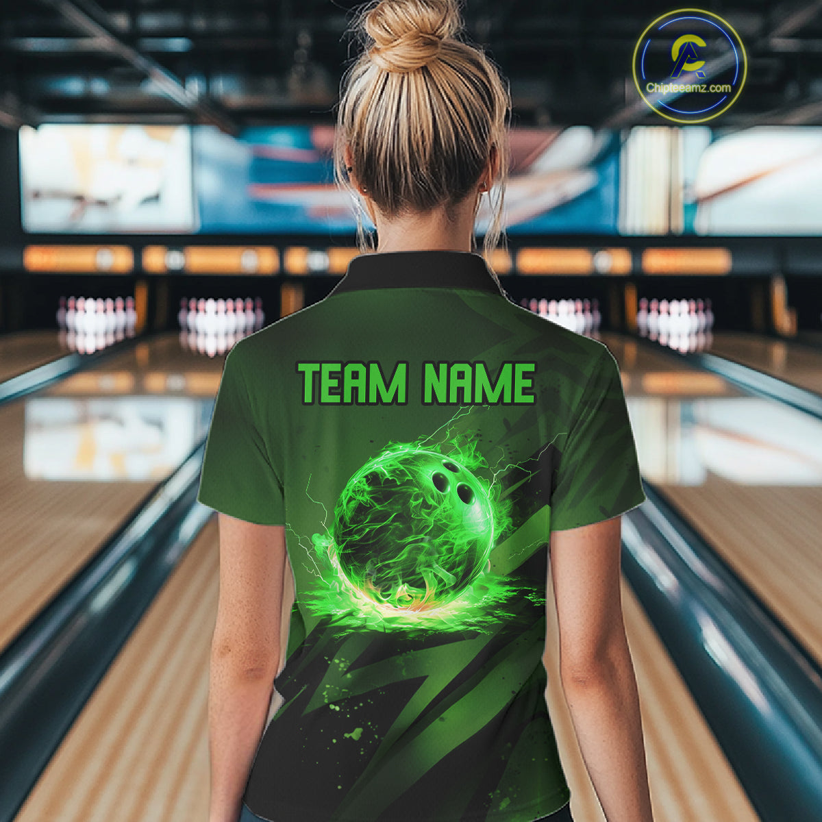 Custom Black and Green Flame Womens Bowling Shirts, Bowling Polo, 1/4 Zip Team Jerseys NQS11130