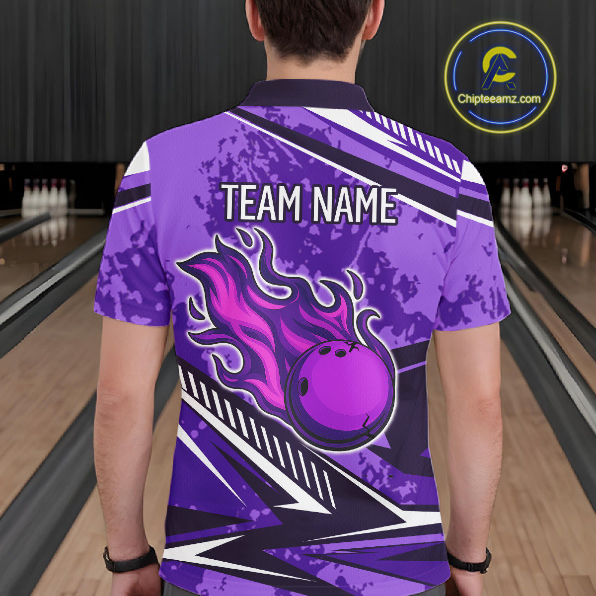 Purple Camo Flame Bowling Shirts For Men Custom Bowling Team Jerseys NQS10754