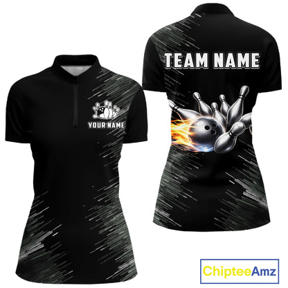 Black and silver Flame Bowling Shirts For Women Custom Team Bowling jerseys, Gift For Bowlers NQS11341