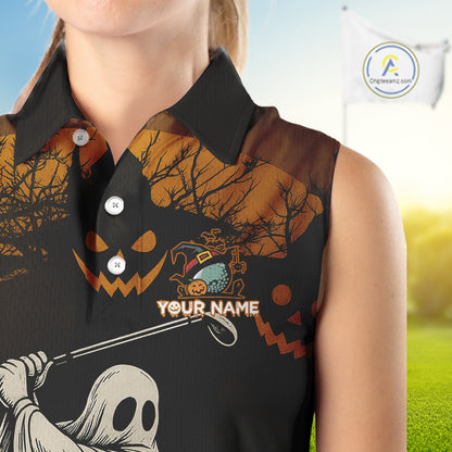 Funny black and orange Ghost Golfer Halloween Sleeveless Polo Shirt Custom golf attire for ladies NQS10767