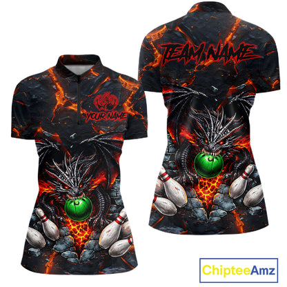 Custom Black & Orange Magma Dragon Bowling Shirts, Dragon Bowling Team Polo, 1/4 zip Jersey For Women NQS11559