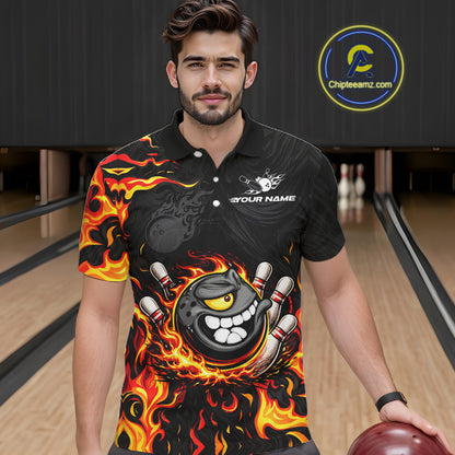 Funny Angry Bowling Polo, 1/4 Zip Shirt for Men Custom Black and Orange Flame Bowling Team jerseys NQS11683