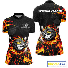 Load image into Gallery viewer, Funny Angry Bowling Polo, 1/4 Zip Shirt for Women Custom Black and Orange Flame Bowling Team jerseys NQS11683