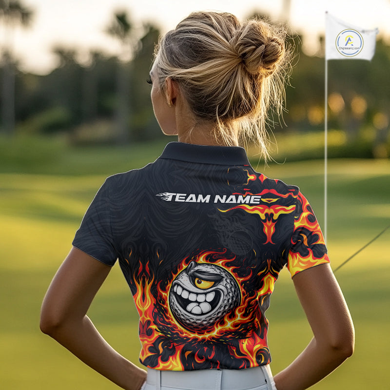 Funny Angry Golf Ball Golf Polo Shirts For Women Custom Black and Orange Flame ladies golf apparel NQS11684