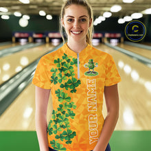 Load image into Gallery viewer, Orange pattern Green clovers St Patrick's Day Bowling Shirts for Women Custom Bowling Team jerseys NQS11696
