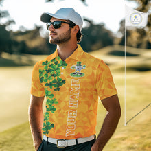 Load image into Gallery viewer, Orange pattern Green clovers St Patrick's Day Mens Golf Polo shirts Custom best golf gifts for men NQS11697