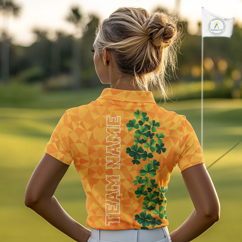 Orange pattern Green clovers St Patrick's Day Women Golf Polo shirt Custom best golf gifts for ladies NQS11697