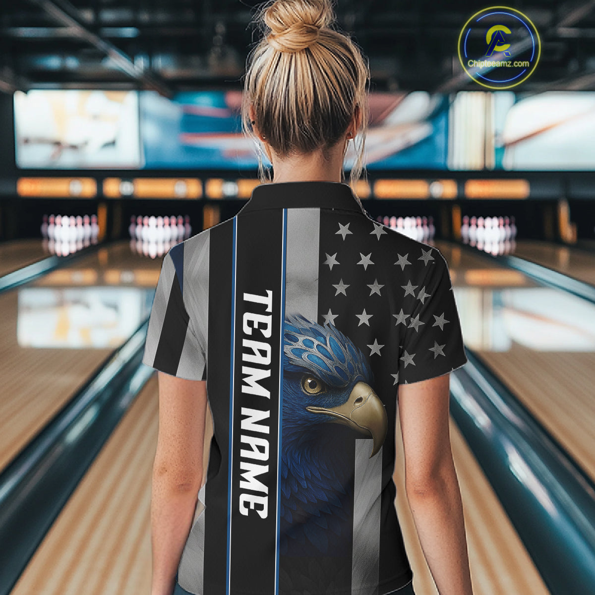 Black American Flag Eagle Bowling Shirts For Women Custom Patriotic Bowling Team Jerseys NQS11152