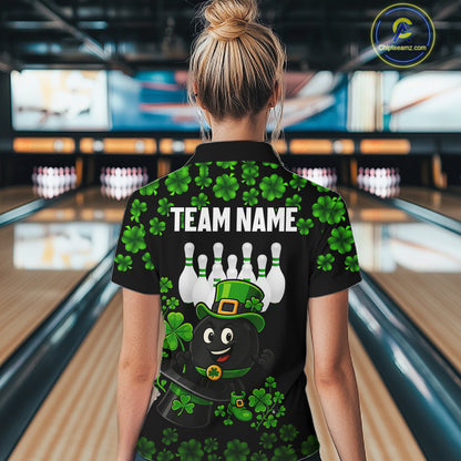 Black and Green Shamrock Funny Bowling Shirts For Women Custom St Patrick's Day Bowling Team Jersey NQS11163