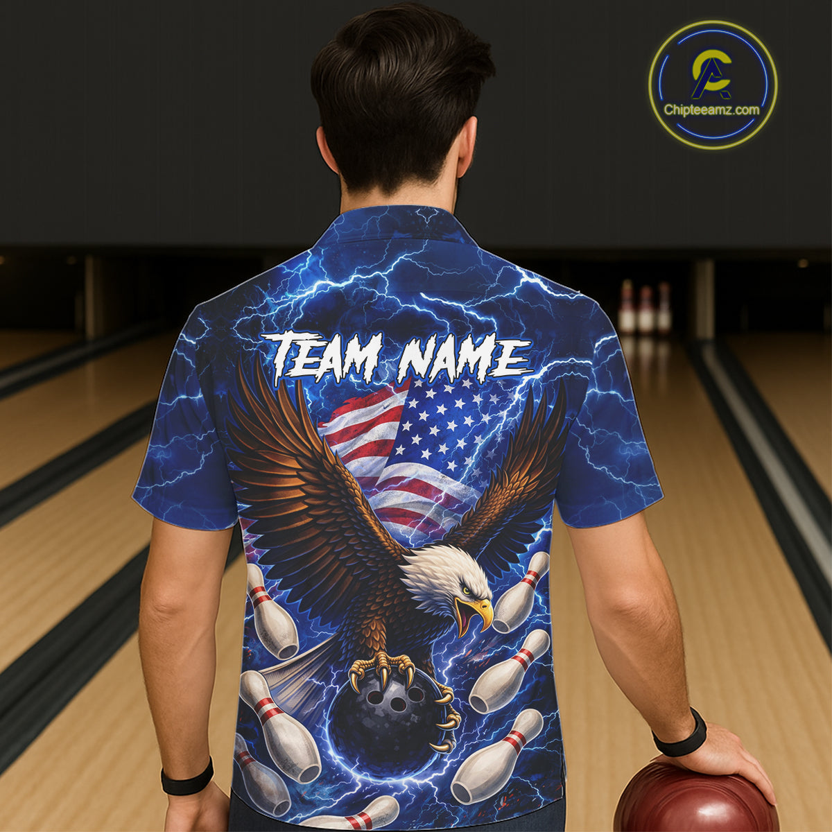 Blue Lightning Thunder US Flag Eagle Bowling Hawaiian Shirt Custom Patriotic Team Bowling Jerseys NQS11580
