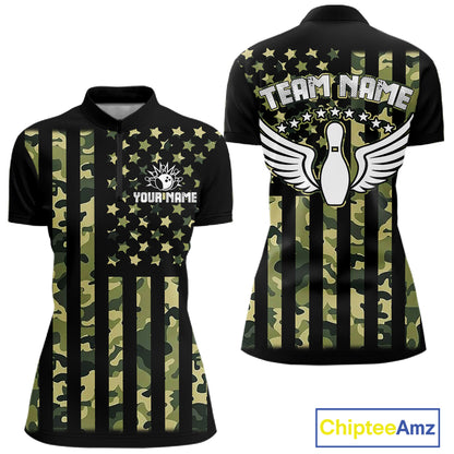 Black and Green Camo American Flag Bowling Shirts For Women Custom patriotic Bowling Team Jerseys NQS11177