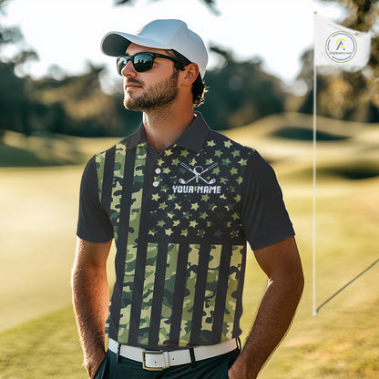 Black and Green Camo American Flag Golf Polo Shirts For Men Custom patriotic men's golf clothing NQS11178
