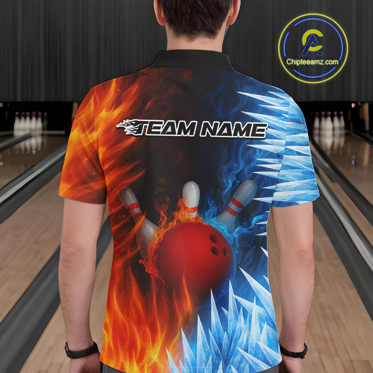 Fire and Ice Pattern Bowling Polo, Quarter Zip Shirts For Men Custom Flame Team Bowling Jerseys NQS11184