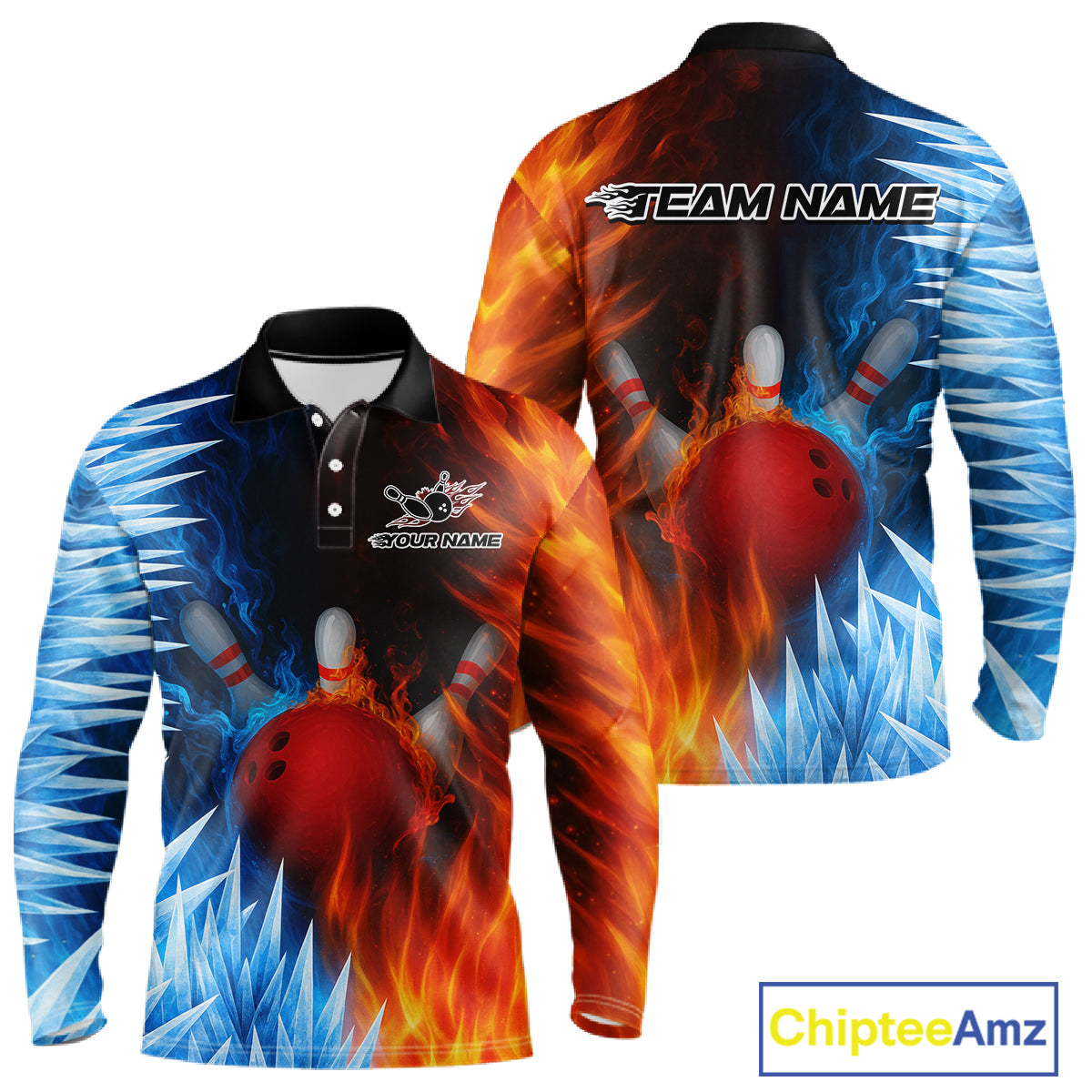 Fire and Ice Pattern Bowling Polo, Quarter Zip Shirts For Men Custom Flame Team Bowling Jerseys NQS11184