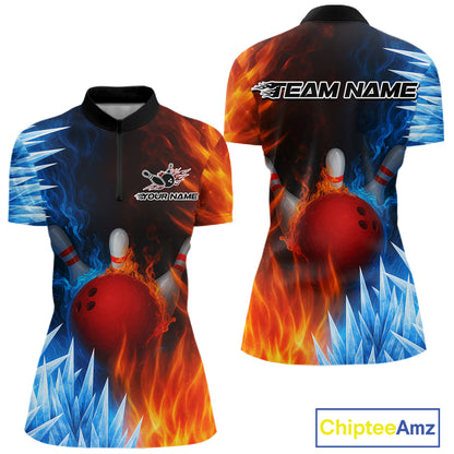 Fire and Ice Pattern Bowling Polo, Quarter Zip Shirts For Women Custom Flame Team Bowling Jerseys NQS11184