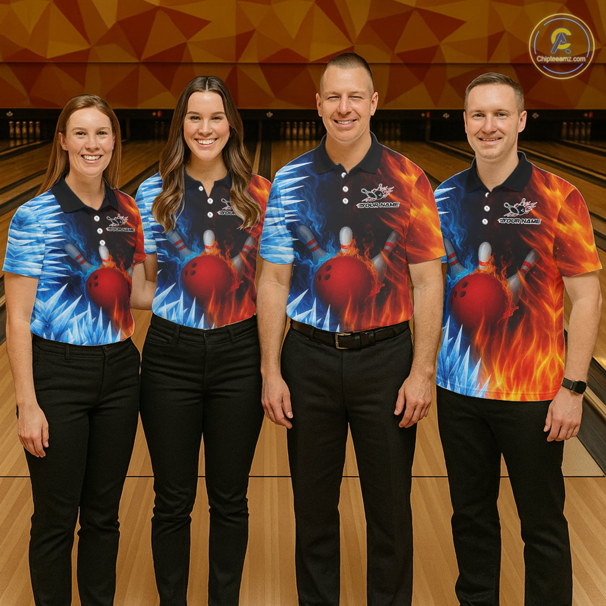 Fire and Ice Pattern Bowling Polo, Quarter Zip Shirts For Women Custom Flame Team Bowling Jerseys NQS11184