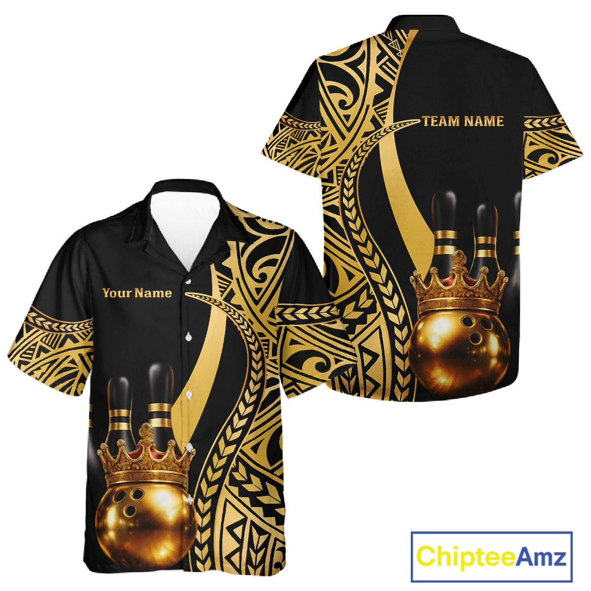 Black and Gold crown Bowling ball pins Hawaiian Shirts Custom Bowling Team jerseys NQS11592