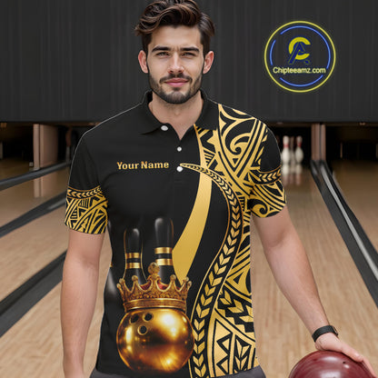 Black and Gold crown Bowling ball pins Polo, Quarter Zip Shirts for Men Custom Bowling Team jerseys NQS11592