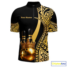 Load image into Gallery viewer, Black and Gold crown Bowling ball pins Polo, Quarter Zip Shirts for Men Custom Bowling Team jerseys NQS11592