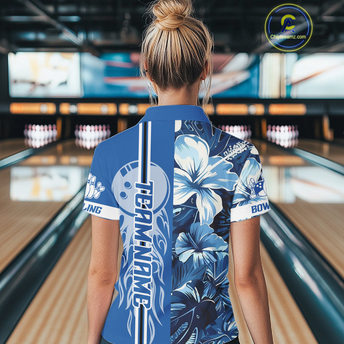 Blue tropical flower Flame Bowling Polo, Quarter Zip Shirts For Women Custom Bowler Gift Bowling Team NQS10990