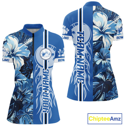 Blue tropical flower Flame Bowling Polo, Quarter Zip Shirts For Women Custom Bowler Gift Bowling Team NQS10990