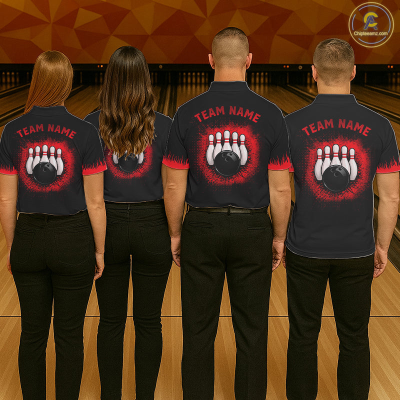 Black and Red Flame Dragon Bowling Polo, 1/4 zip shirts for Women Custom Dragon team bowling jerseys NQS11482