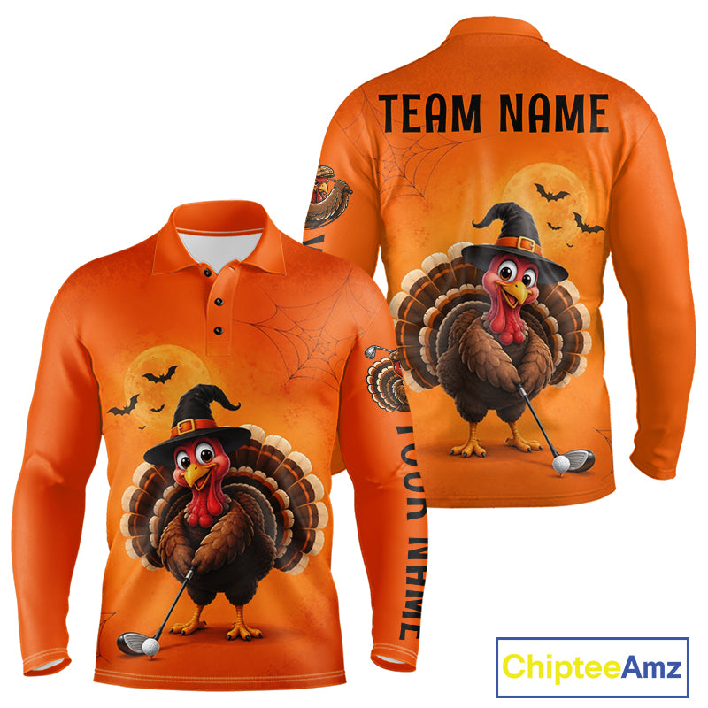 Halloween Turkey Men Golf Polo Shirt, Custom Name Thanksgiving Golf Team Shirt NHT1335