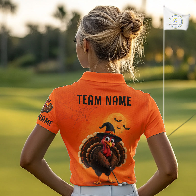 Halloween Turkey Women Golf Polo Shirt, Custom Name Thanksgiving Golf Team Shirt NHT1335
