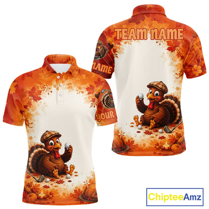 Thanksgiving Turkey Men Golf Polo Shirt Custom Name, Personalized Fall Golf Tops NHT1336