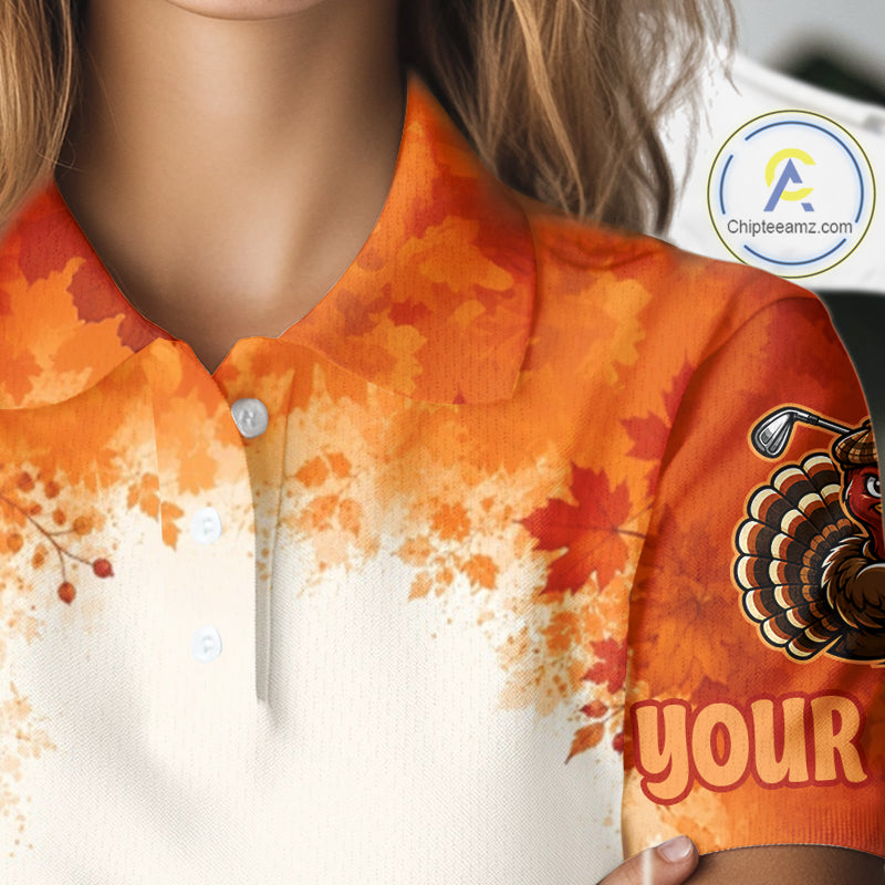Thanksgiving Turkey Women Golf Polo Shirt Custom Name, Personalized Fall Golf Tops NHT1336