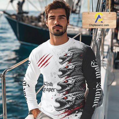 Personalized Fishing Fish Skeleton Fishing Shirts Jerseys, Fish Reaper Skull Fishing Shirts NHT516