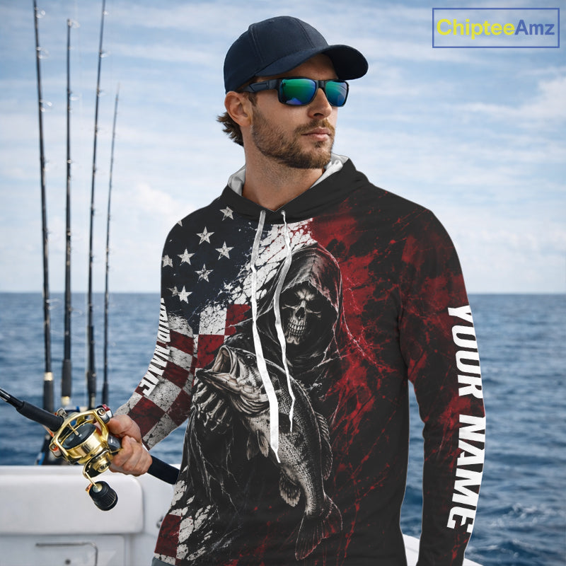 Hoodie with American flag design and skeleton holding a fish, brand 'Chiptee Amz' visible.