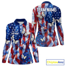Load image into Gallery viewer, Personalized American Flag Butterfly Womens Golf Polo Shirt – Custom Name Patriotic Team Apparel NHT1033