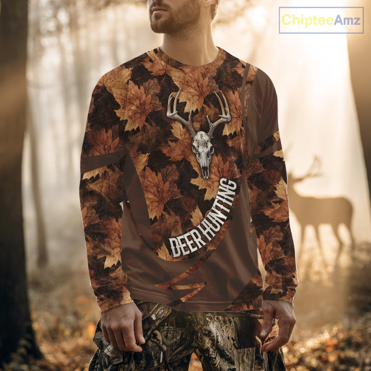 Skull Deer Hunting 3D Brown Camo Autumn Custom Name All Over Print Shirt Hunting Clothes NHT207