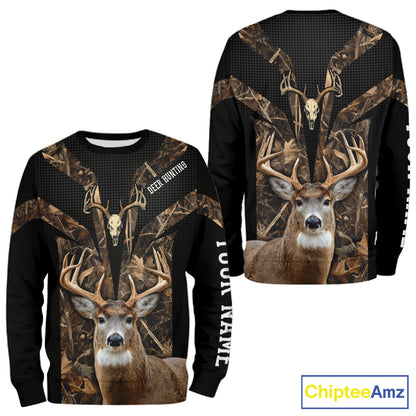 Brown Camo 3D Deer Hunting Hoodie For Men – Whitetail Buck Skull Design NHT335