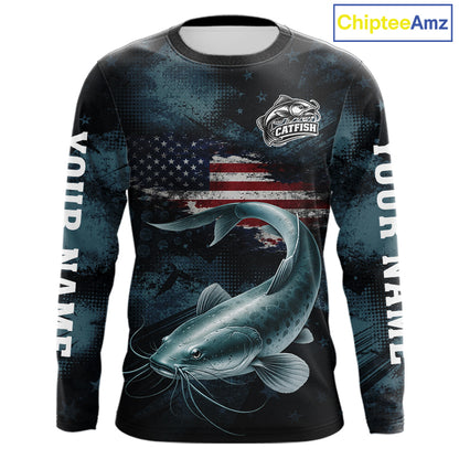 Personalized American Flag Catfish Fishing Shirts Long Sleeve, Patriotic Catfish Fishing  NHT523