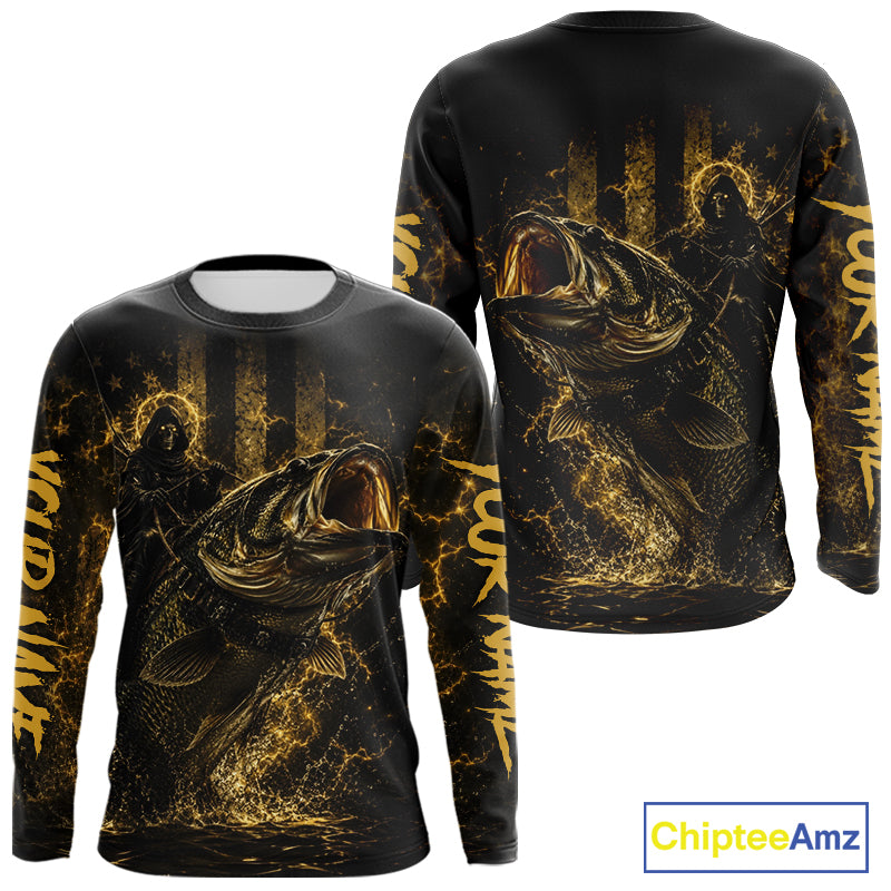 Back view of yellow bass fishing shirt made from breathable polyester with UPF 30+ sun protection.