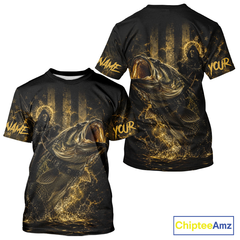 Back view of yellow Grim Reaper largemouth bass short sleeve performance fishing shirt, breathable moisture wicking polyester