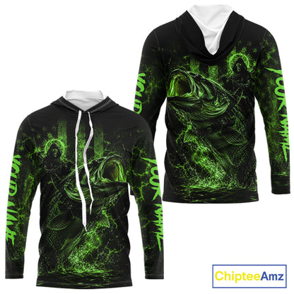 Back view of green hooded bass fishing shirt made from breathable polyester with UPF 30+ sun protection.