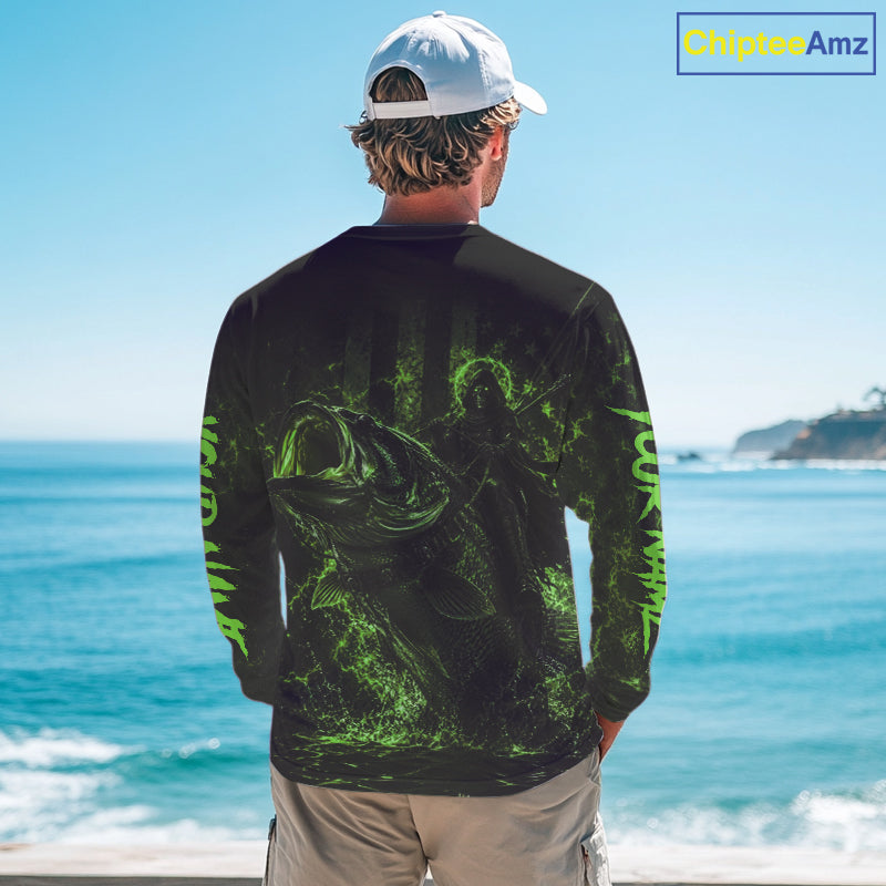 Grim Reaper Bass Fishing Jersey, Largemouth Bass Long Sleeve Performance Fishing Shirt|Green NHT1211