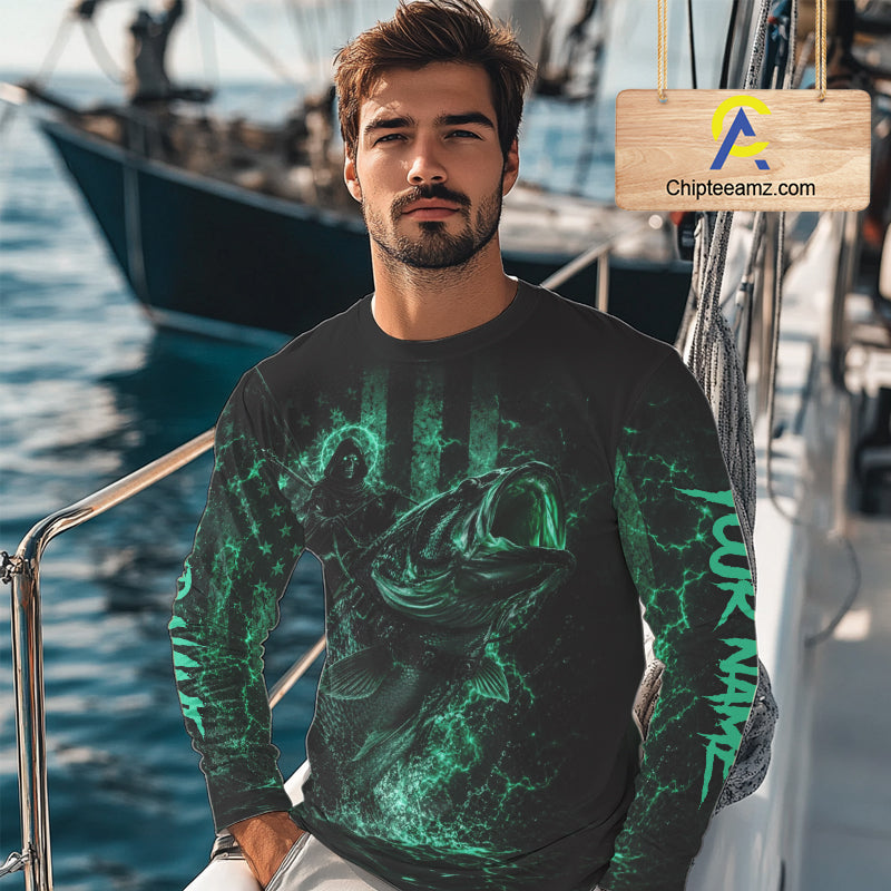 Grim Reaper Bass Fishing Jersey, Largemouth Bass Long Sleeve Performance Fishing Shirt|Turquoise NHT1213