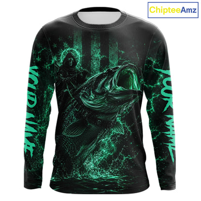 Turquoise Grim Reaper Bass Fishing Jersey long sleeve with largemouth bass graphic and performance fit.