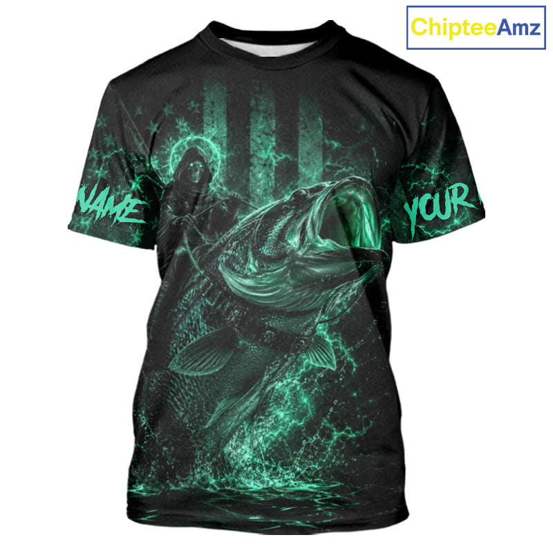 Turquoise Grim Reaper Bass Fishing Jersey with largemouth bass graphic and short sleeve performance fit.