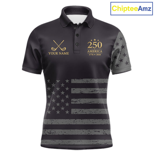 Black & Gold American Flag Mens Golf Polo Shirts, Golf Gifts For Team NHT887