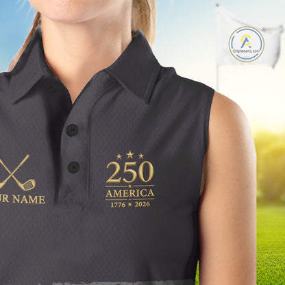 Black & Gold American Flag Sleeveless Womens Golf Polo Shirts, Golf Gifts For Team NHT887