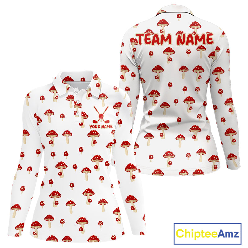Funny Mushroom Womens Golf Polo Shirt, Personalized Mushroom Red White Pattern Golf Jersey NHT888