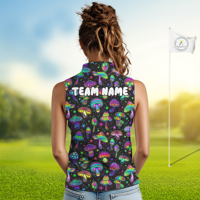 Funny Neon Mushroom Pattern Sleeveless Womens Golf Polo Shirt – Custom Name, Team Name For Golfer NHT889
