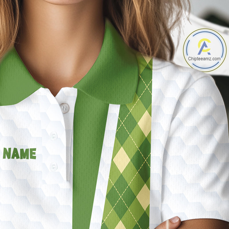 Funny Cartoon Mushroom Womens Golf Polo Shirt White Argyle Green Pattern Golf Shirt NHT890