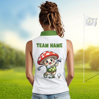 Funny Cartoon Mushroom Sleeveless Womens Golf Polo Shirt White Argyle Green Pattern Golf Shirt NHT890